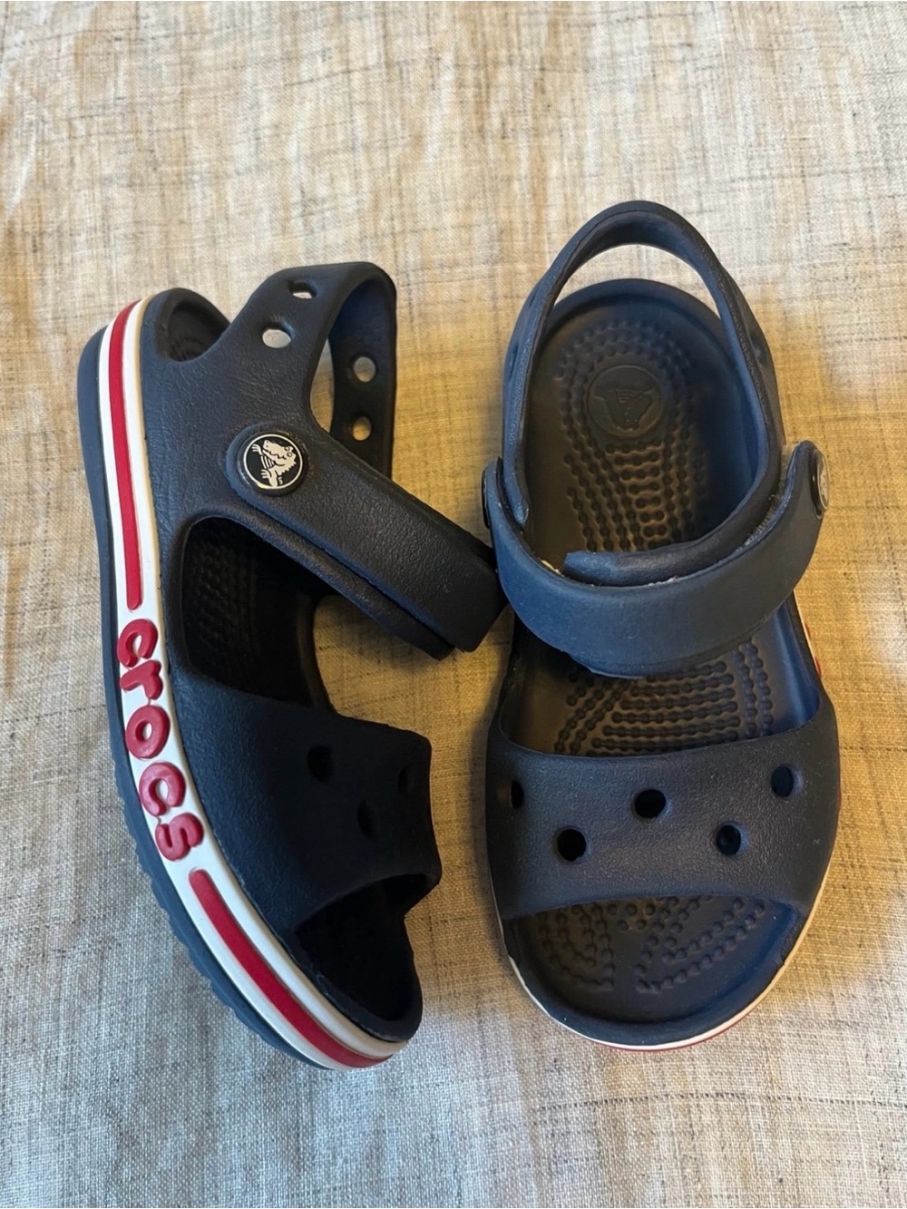 CROCS Kids Navy Sandal with Red & White Stripe - toddler Sz 8